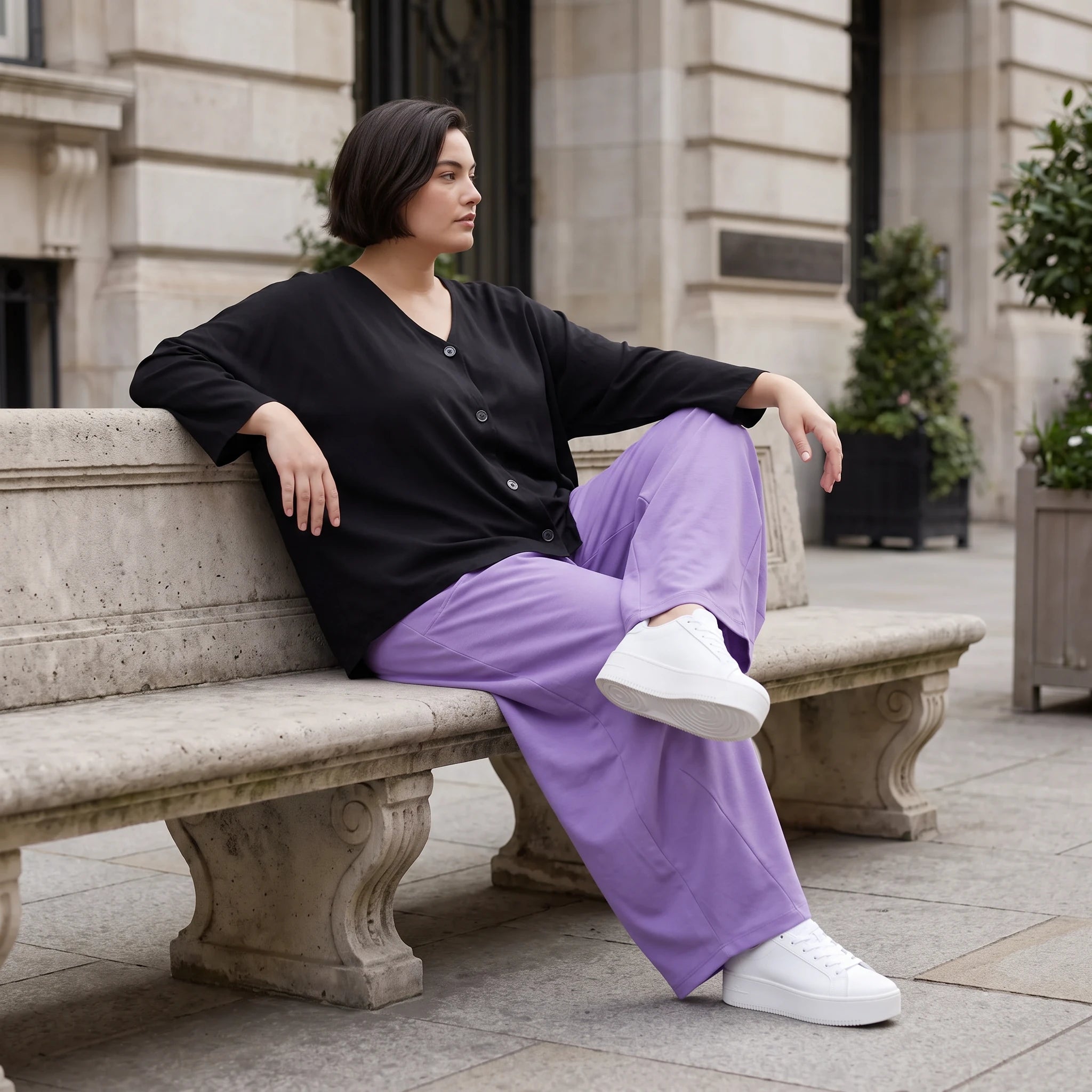 Flieder Ballonhose Leinenmix Oversize Lagenlook leger zeitlos weich fliessend sehr modern