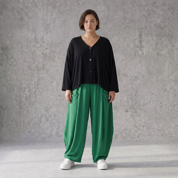 Smaragdgrün Ballonhose leger Oversize Lagenlook mit weitem Bein und leichter Leinenoptik