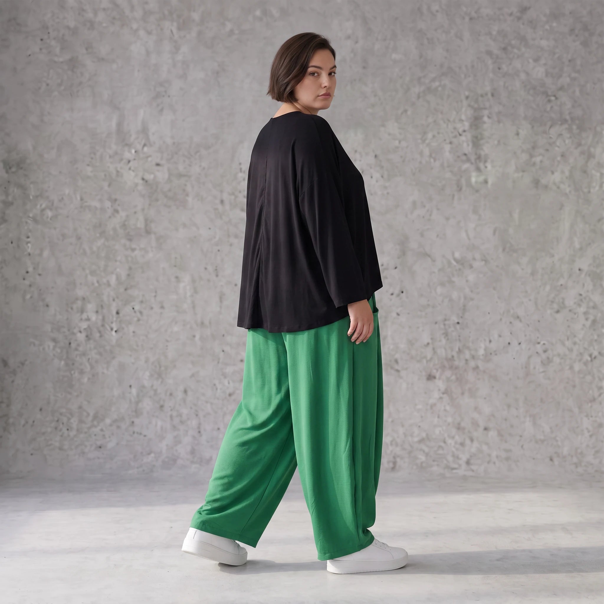 Smaragdgrün Ballonhose leger Oversize Lagenlook mit weitem Bein und leichter Leinenoptik