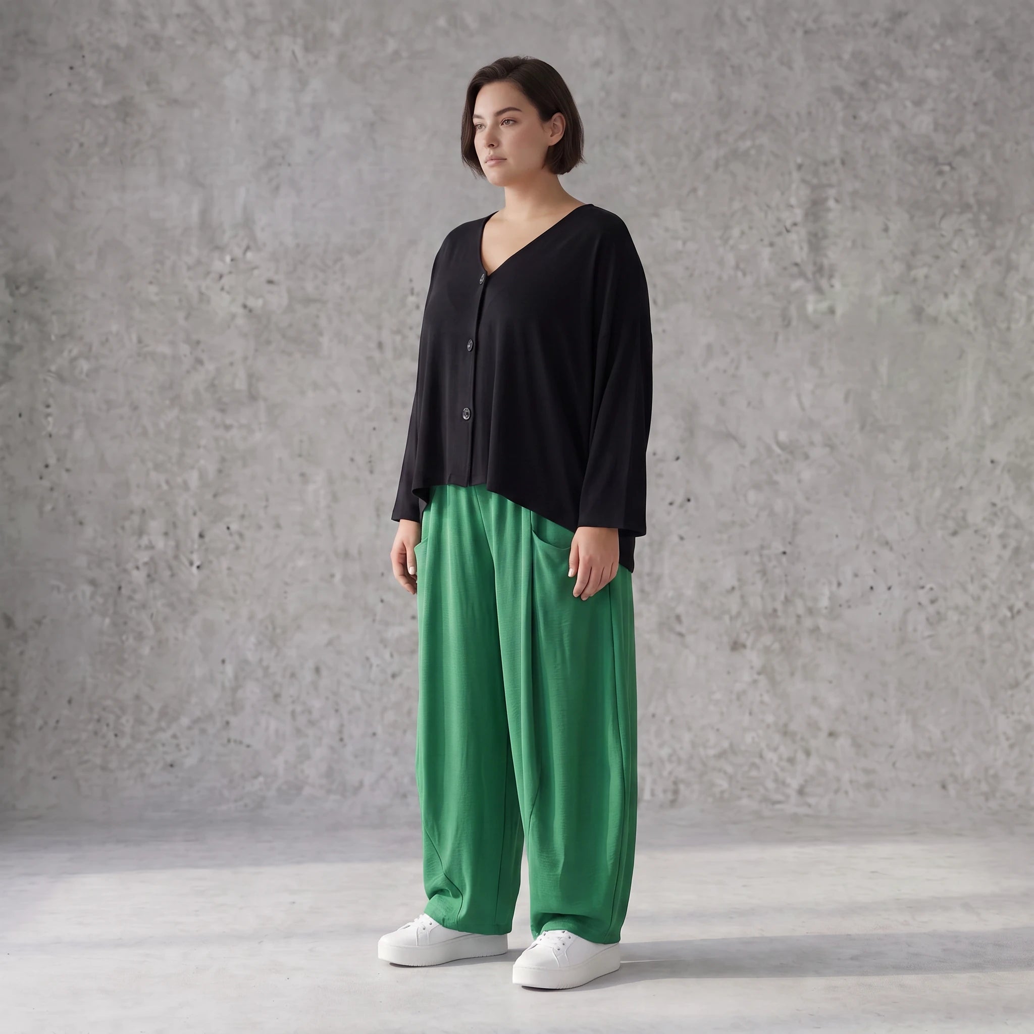Smaragdgrün Ballonhose leger Oversize Lagenlook mit weitem Bein und leichter Leinenoptik
