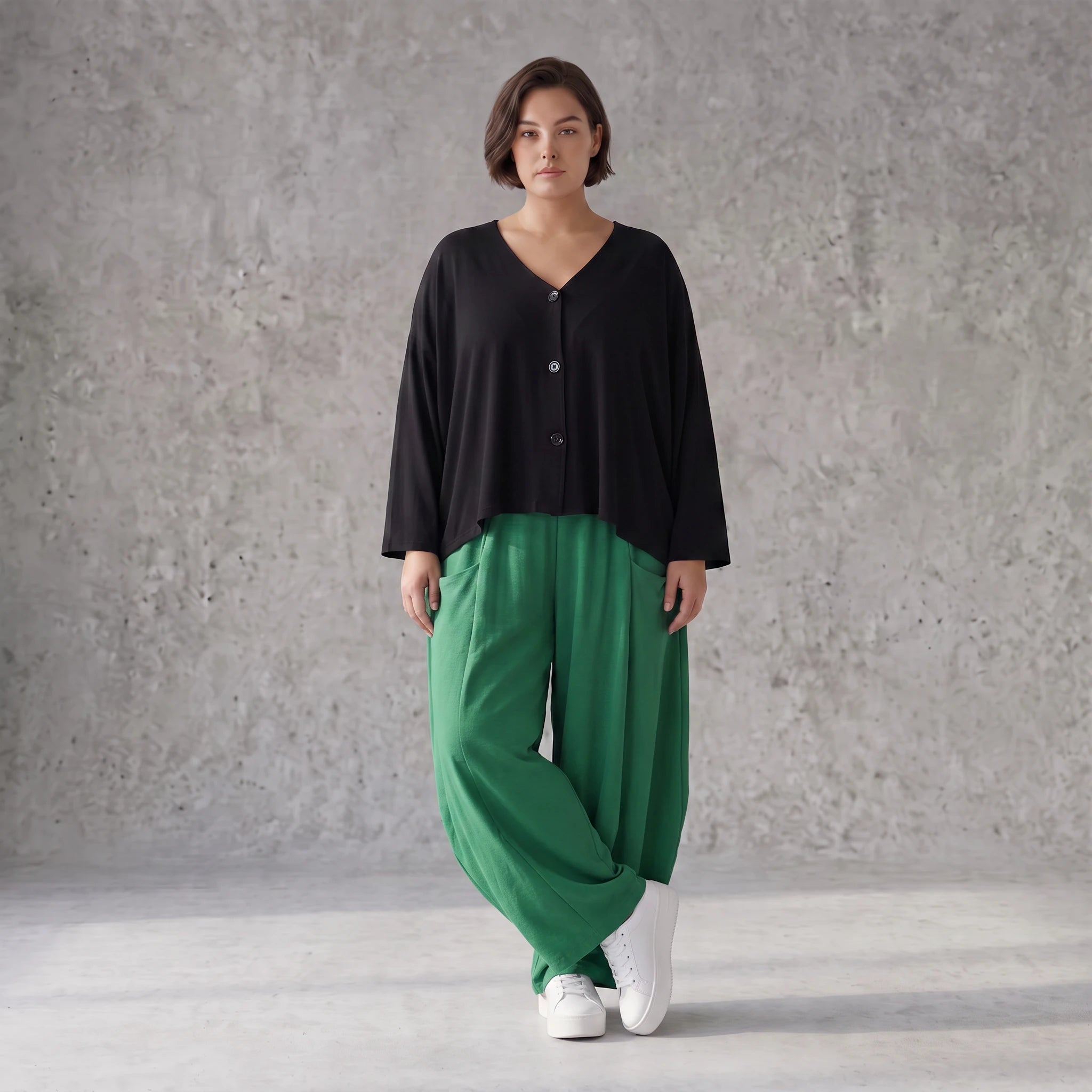 Smaragdgrün Ballonhose leger Oversize Lagenlook mit weitem Bein und leichter Leinenoptik