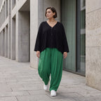 Smaragdgrün Ballonhose leger Oversize Lagenlook mit weitem Bein und leichter Leinenoptik