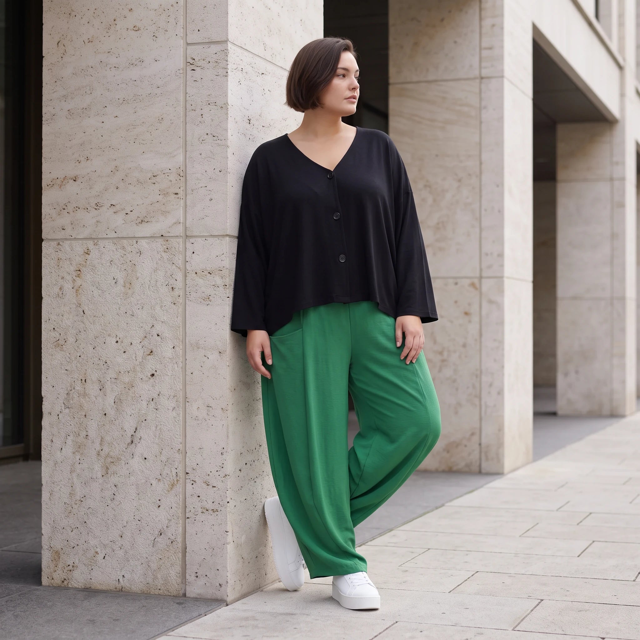 Smaragdgrün Ballonhose leger Oversize Lagenlook mit weitem Bein und leichter Leinenoptik