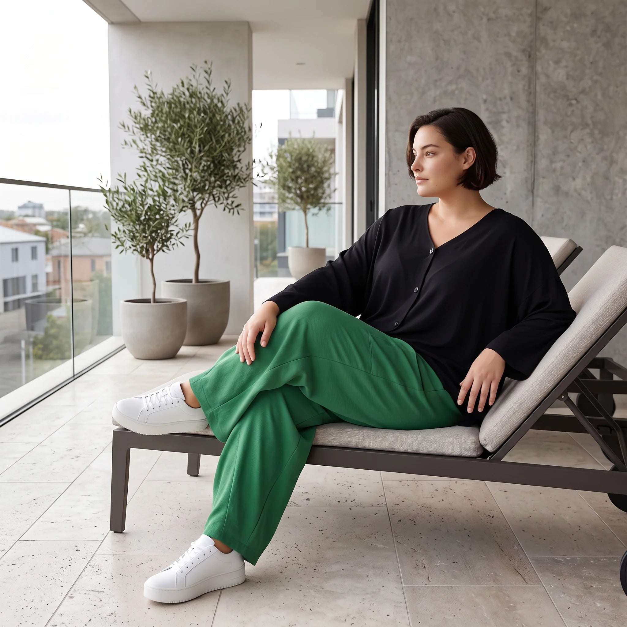 Smaragdgrün Ballonhose leger Oversize Lagenlook mit weitem Bein und leichter Leinenoptik