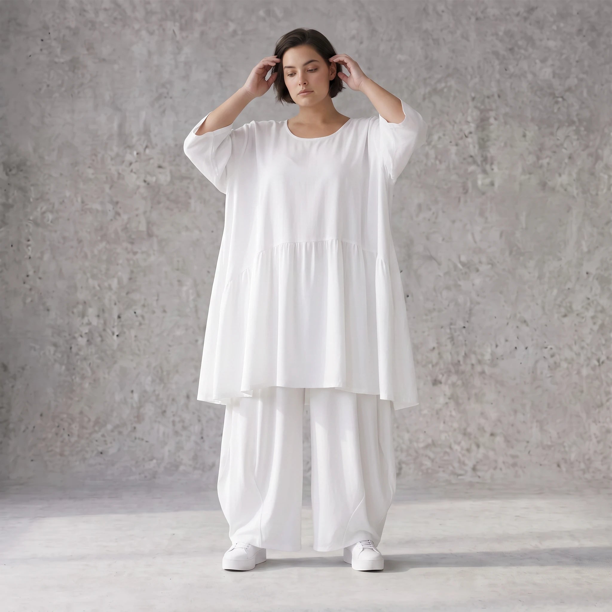 Weißes Leinenkleid im Lagenlook Oversize A-Linie leger zeitlos mit Taschen luftig leicht
