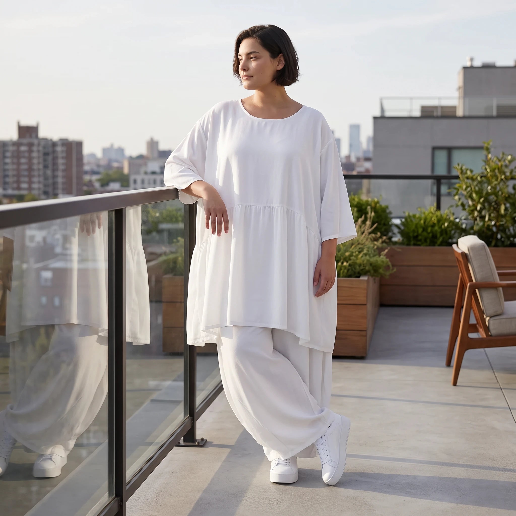 Weißes Leinenkleid im Lagenlook Oversize A-Linie leger zeitlos mit Taschen luftig leicht