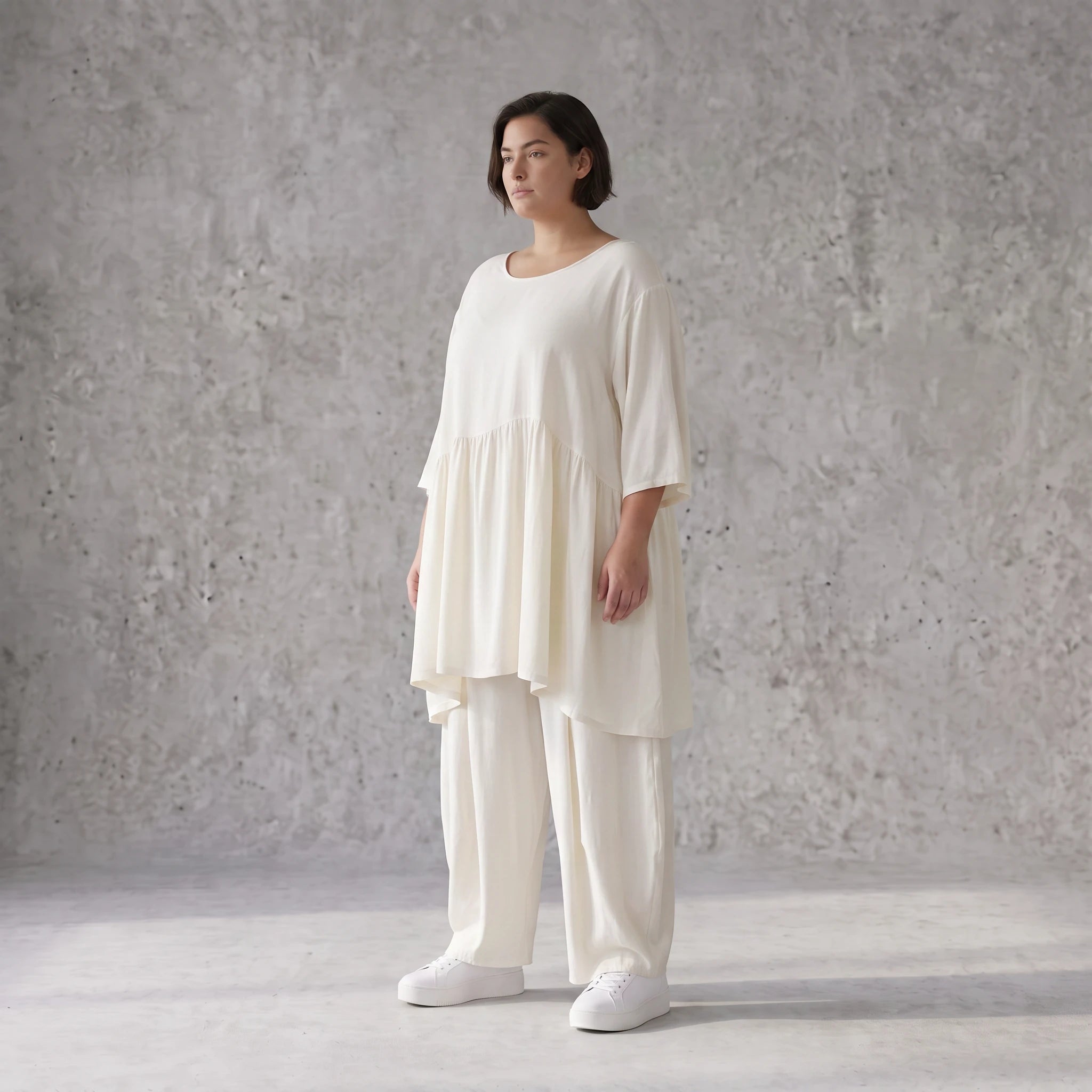 Leinenoptik Kleid in Creme Lagenlook leger Oversize A-Linie zeitlos luftig weich elegant