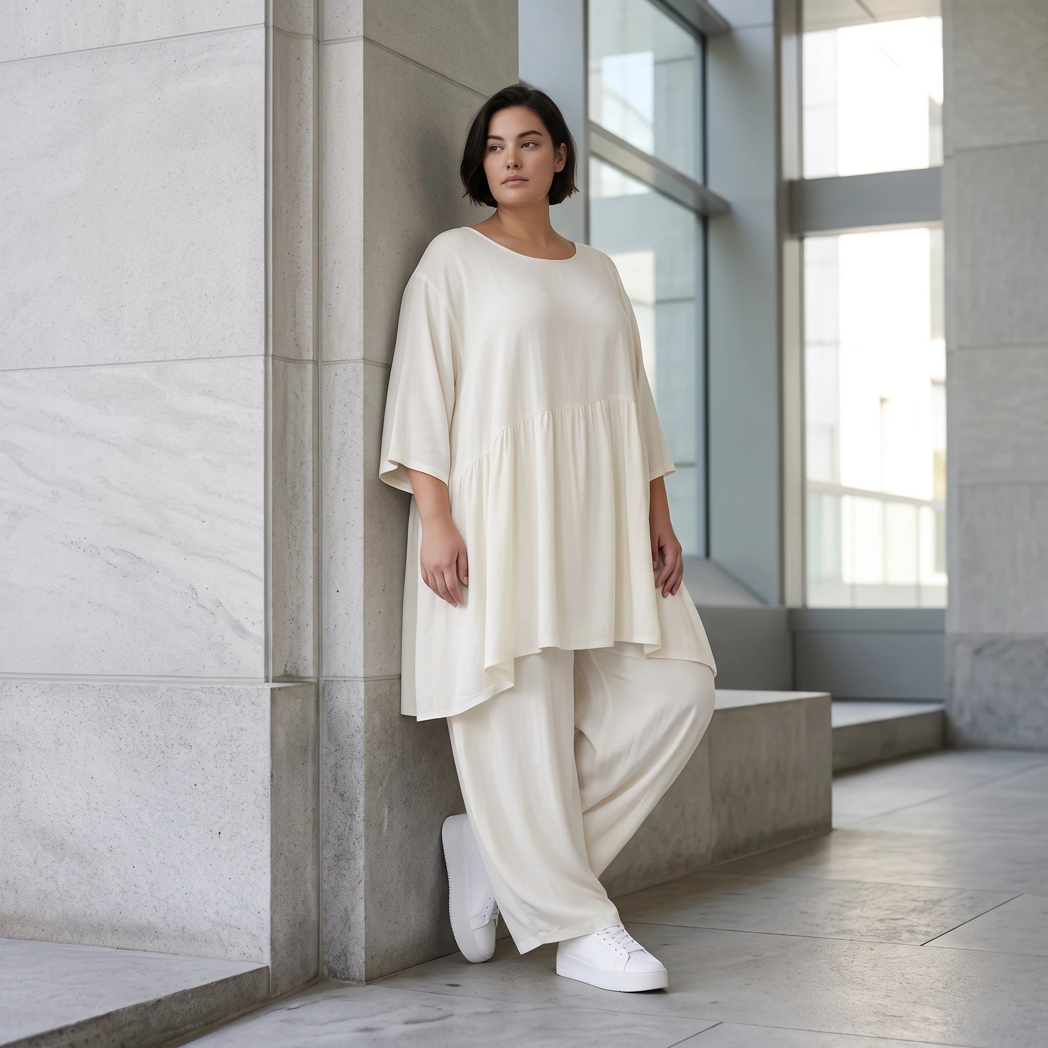 Leinenoptik Kleid in Creme Lagenlook leger Oversize A-Linie zeitlos luftig weich elegant
