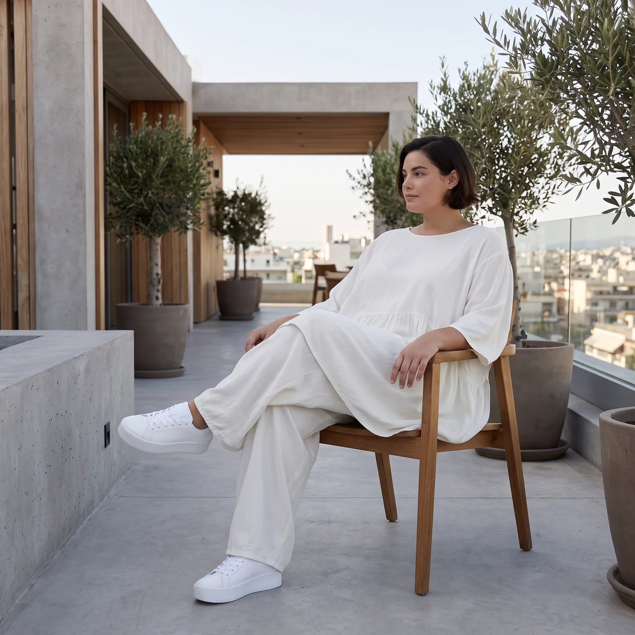 Leinenoptik Kleid in Creme Lagenlook leger Oversize A-Linie zeitlos luftig weich elegant