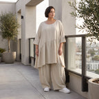Zeitloses Beigekleid im legeren Lagenlook mit Leinenoptik Oversize A-Linie leicht luftig