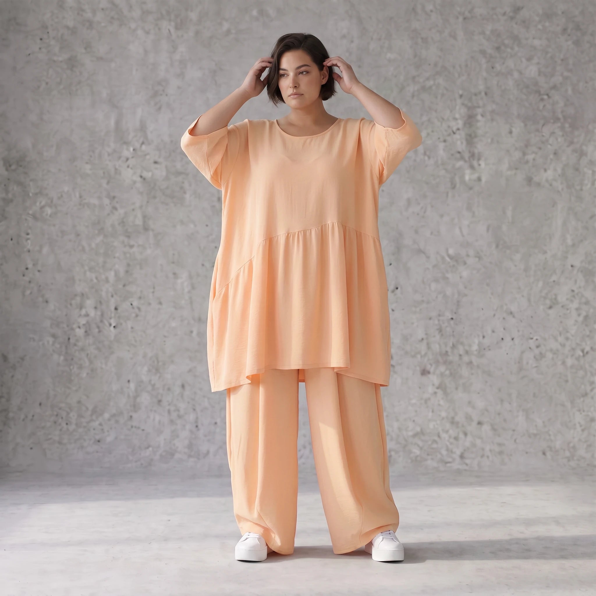 Leinenoptik Kleid Mauve im Lagenlook Oversize sehr leger zeitlos mit A-Linie und 3/4-Arm