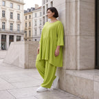 Apfelgrünes luftiges Leinenoptik Sommerkleid im Lagenlook Oversize leger zeitlos A-Linie