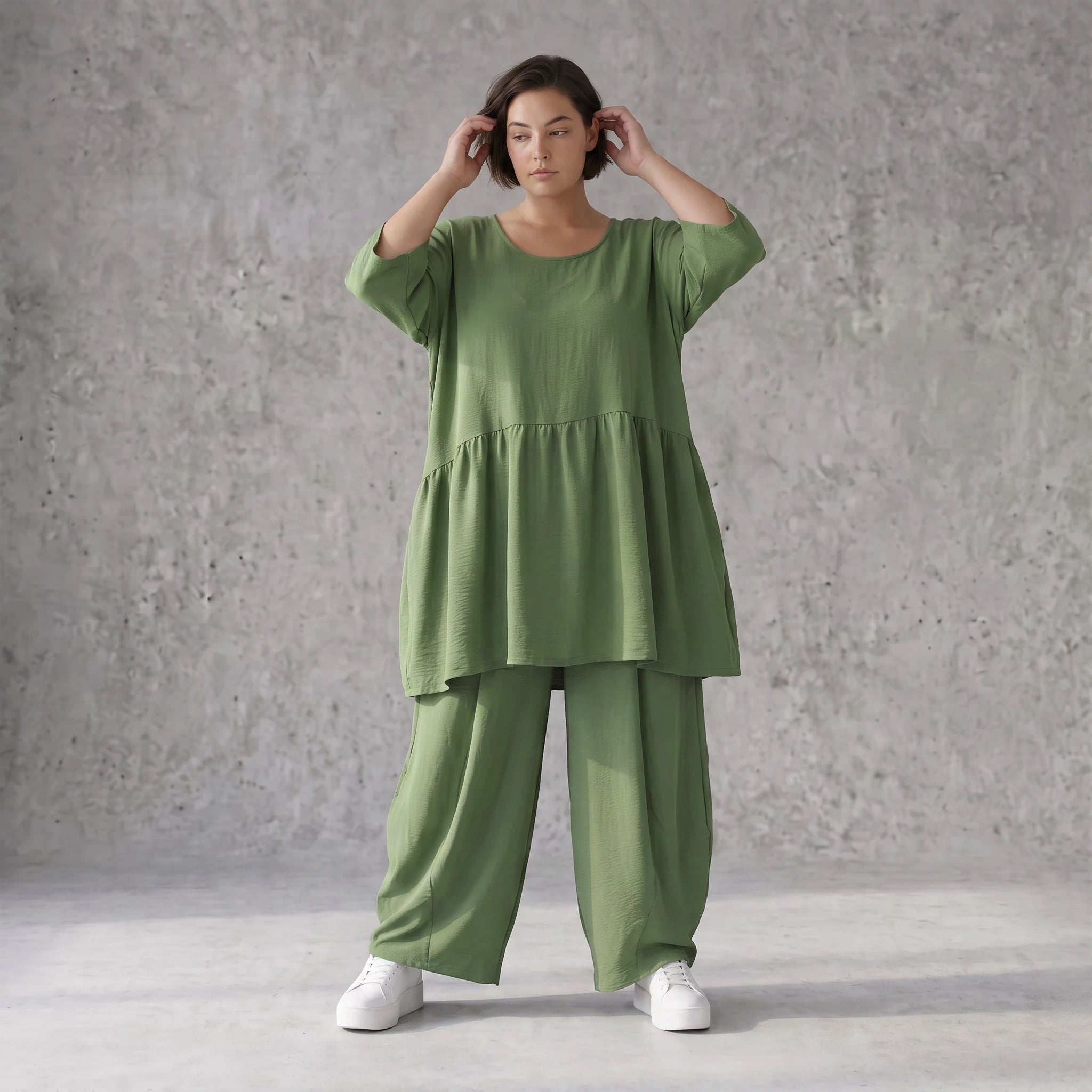 Fliessendes A-Linien Kleid in Khaki mit Leinenlook leger Oversize zeitlos luftig Taschen
