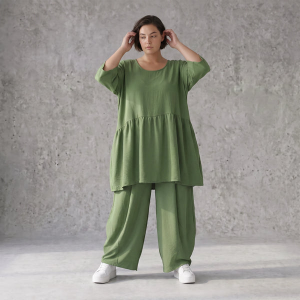 Fliessendes A-Linien Kleid in Khaki mit Leinenlook leger Oversize zeitlos luftig Taschen