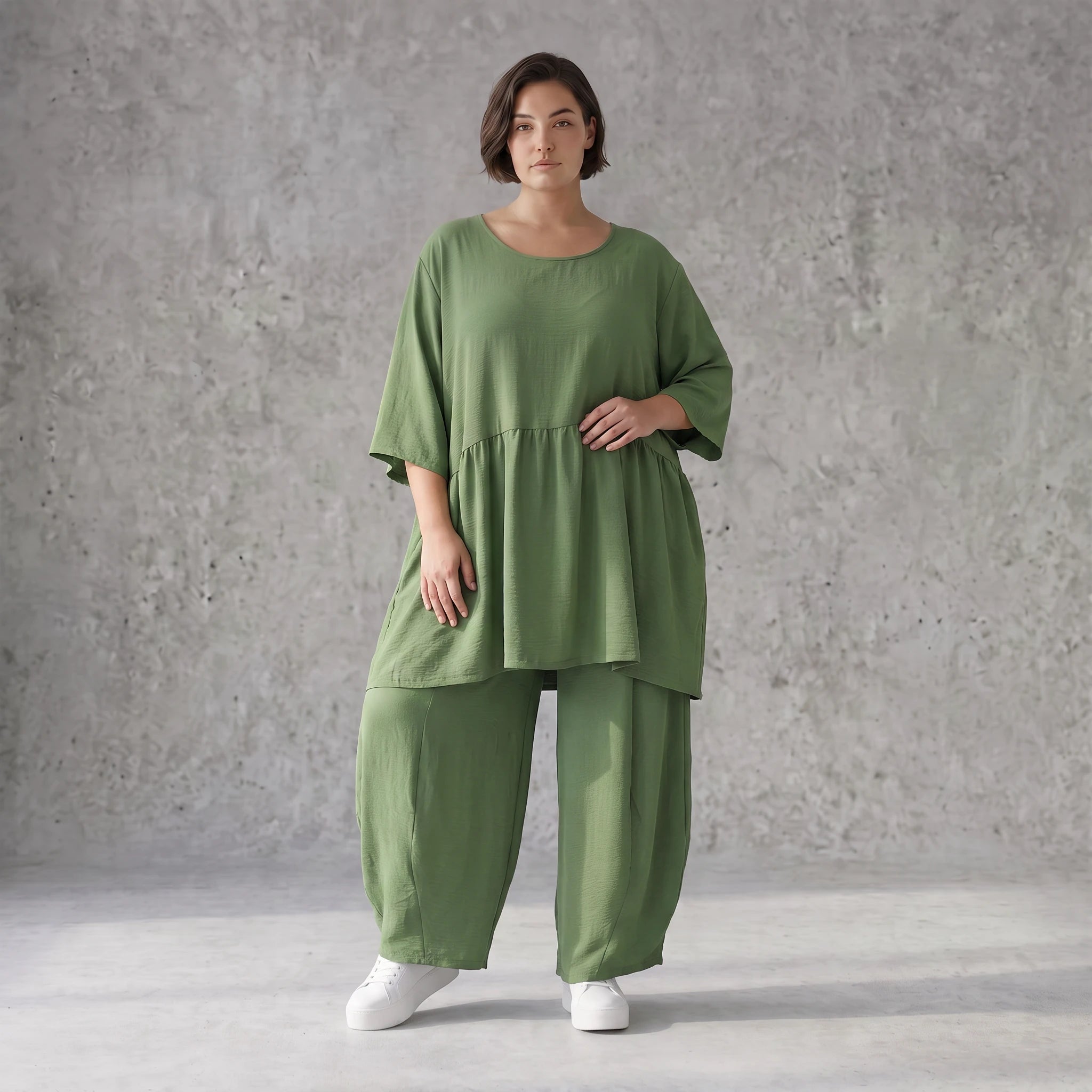 Fliessendes A-Linien Kleid in Khaki mit Leinenlook leger Oversize zeitlos luftig Taschen