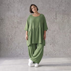Fliessendes A-Linien Kleid in Khaki mit Leinenlook leger Oversize zeitlos luftig Taschen