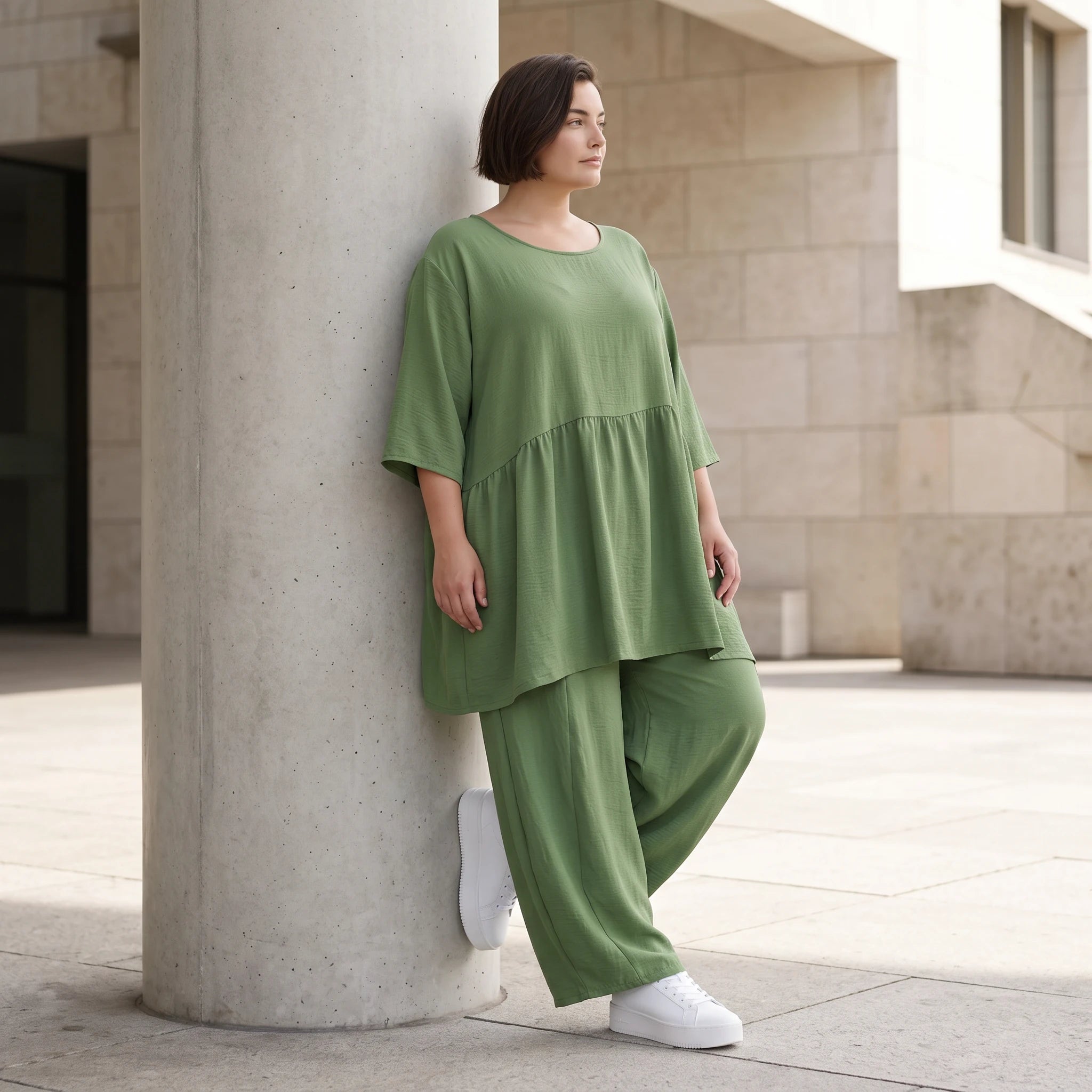 Fliessendes A-Linien Kleid in Khaki mit Leinenlook leger Oversize zeitlos luftig Taschen