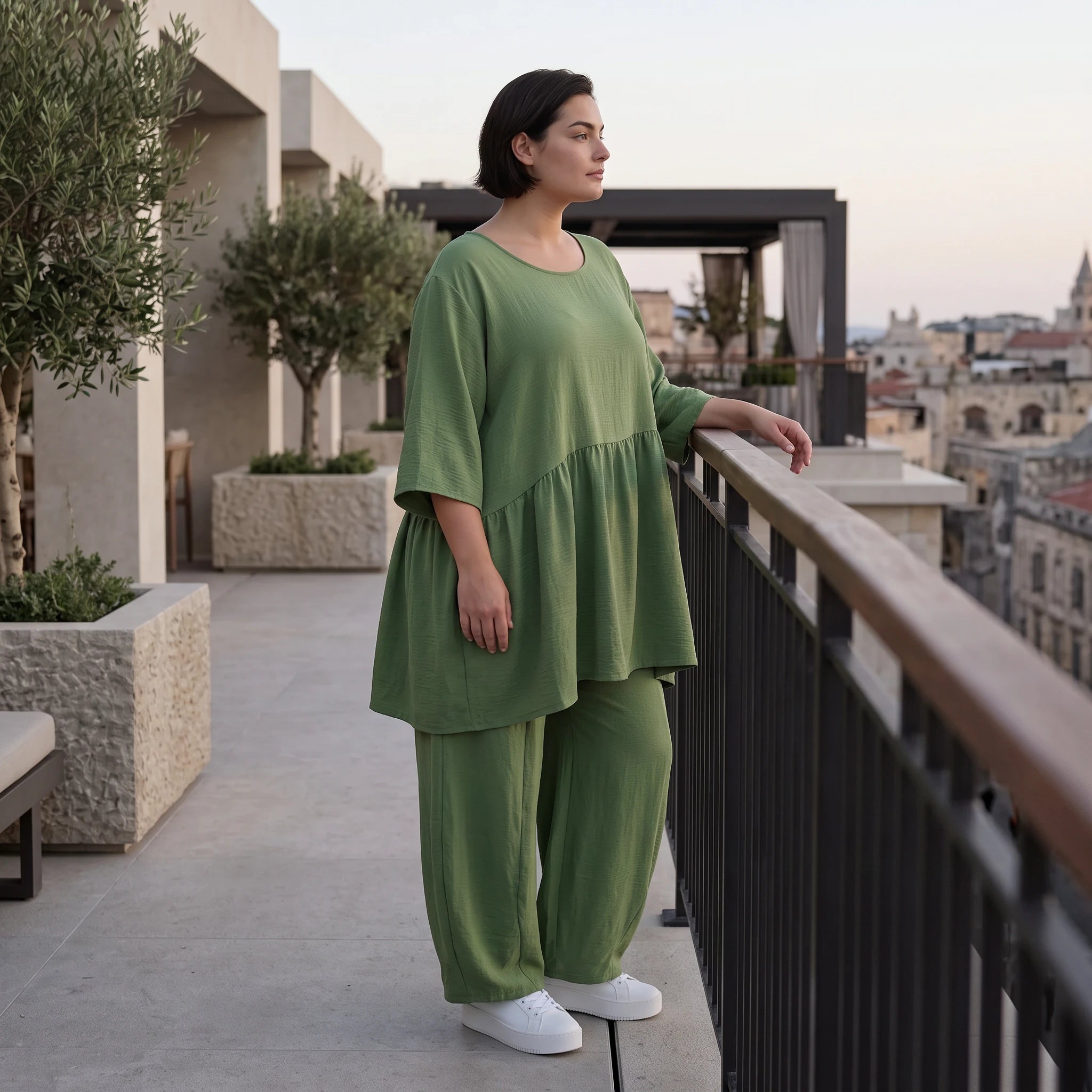 Fliessendes A-Linien Kleid in Khaki mit Leinenlook leger Oversize zeitlos luftig Taschen