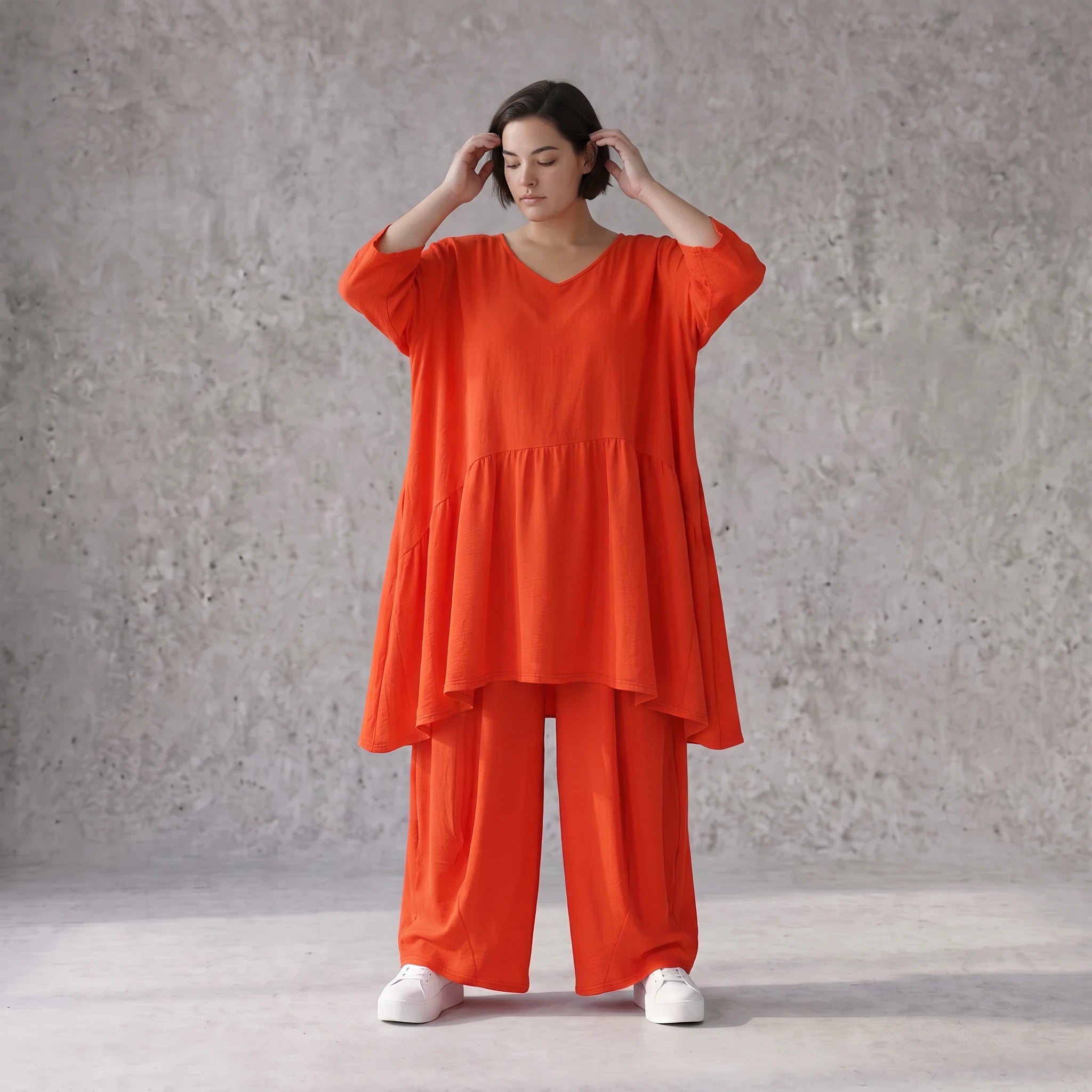 Zeitloses Oversize Lagenlook Kleid in Hellrot mit Leinenoptik leger und luftig locker