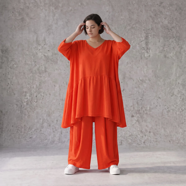 Zeitloses Oversize Lagenlook Kleid in Hellrot mit Leinenoptik leger und luftig locker