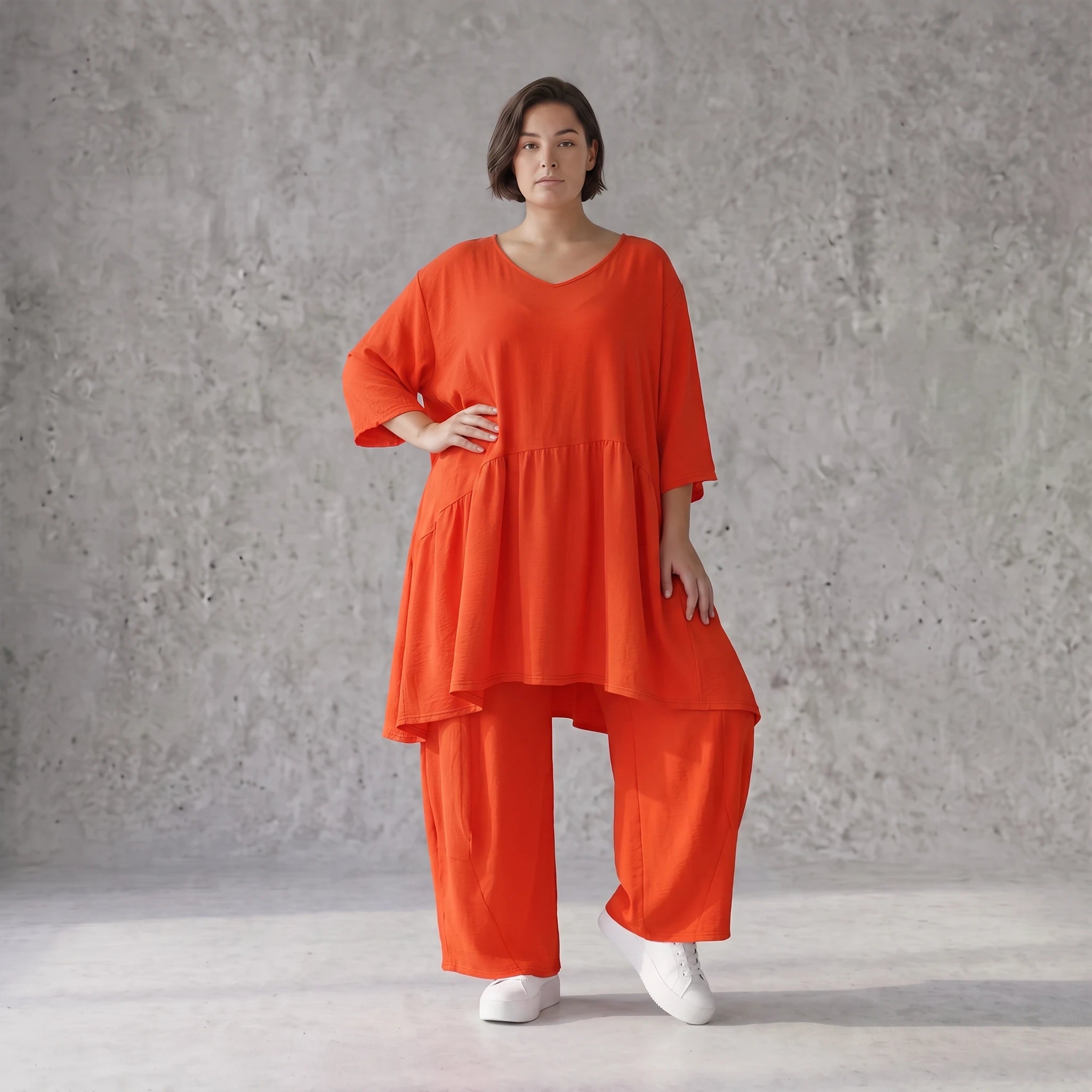 Zeitloses Oversize Lagenlook Kleid in Hellrot mit Leinenoptik leger und luftig locker