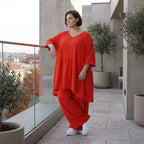 Zeitloses Oversize Lagenlook Kleid in Hellrot mit Leinenoptik leger und luftig locker