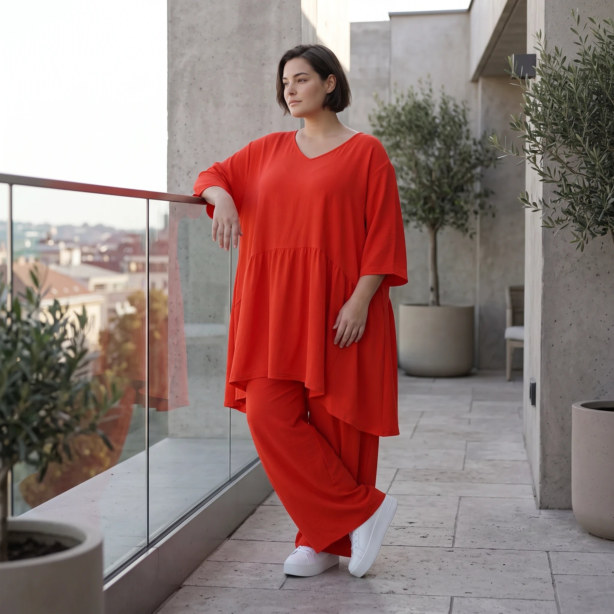 Zeitloses Oversize Lagenlook Kleid in Hellrot mit Leinenoptik leger und luftig locker