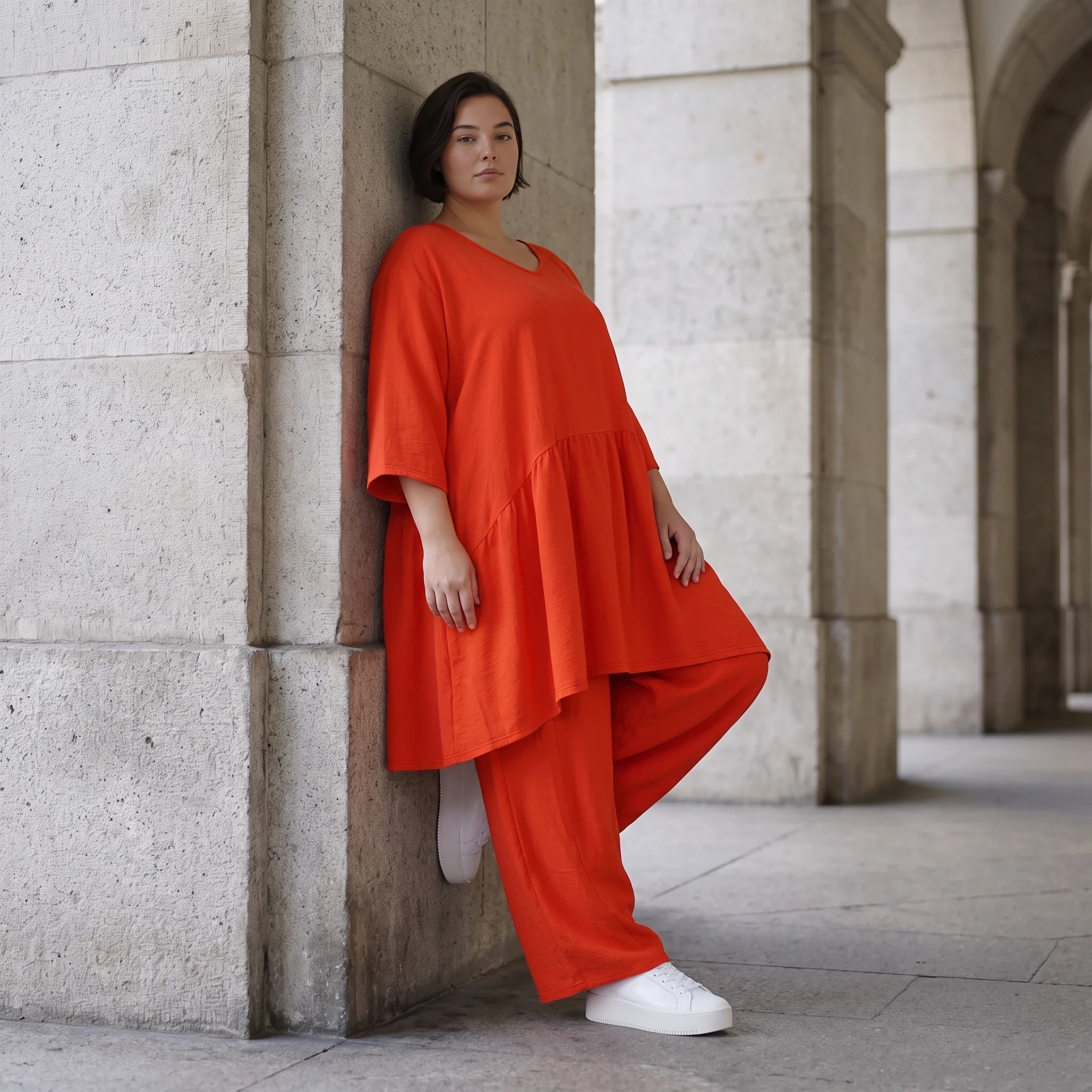 Zeitloses Oversize Lagenlook Kleid in Hellrot mit Leinenoptik leger und luftig locker