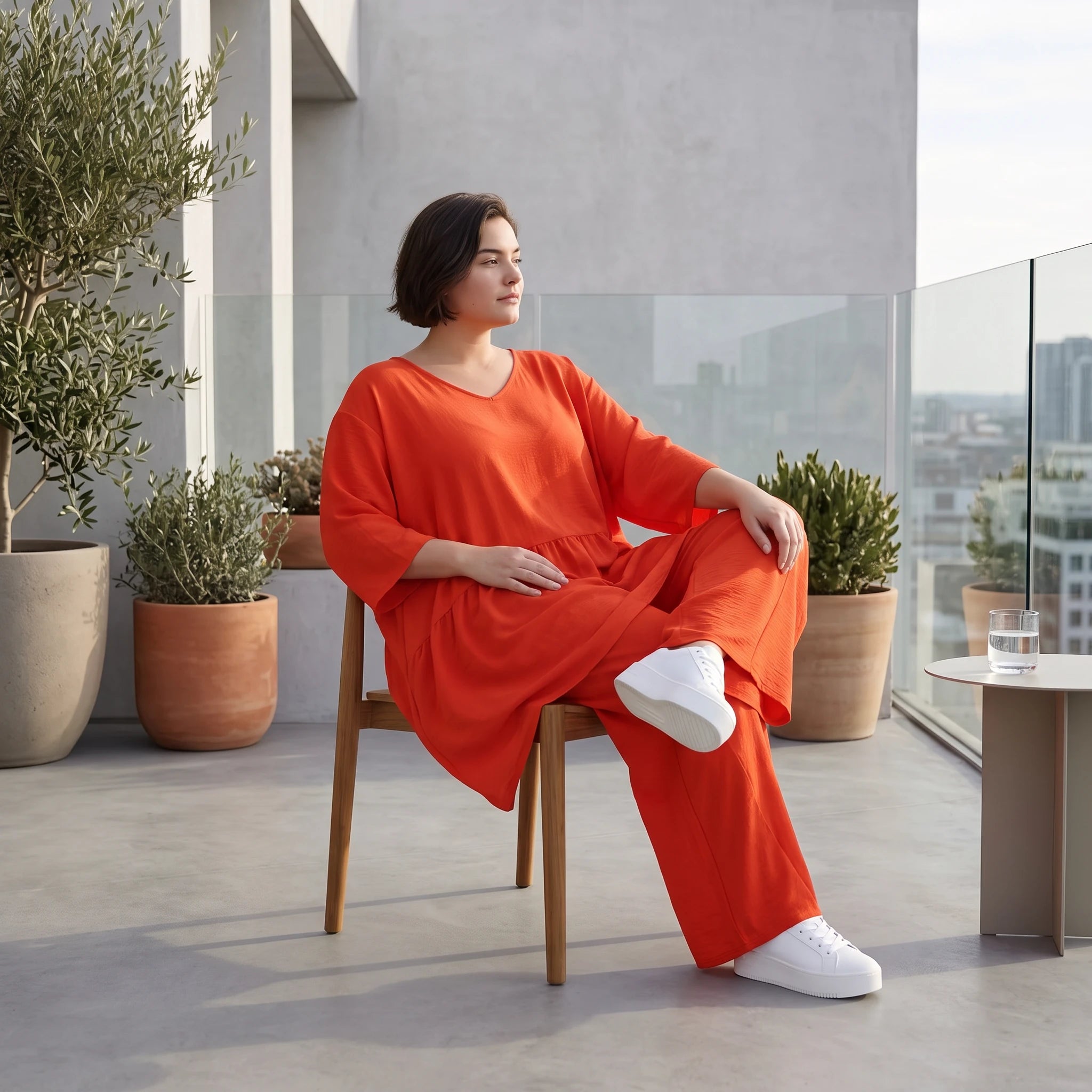 Zeitloses Oversize Lagenlook Kleid in Hellrot mit Leinenoptik leger und luftig locker