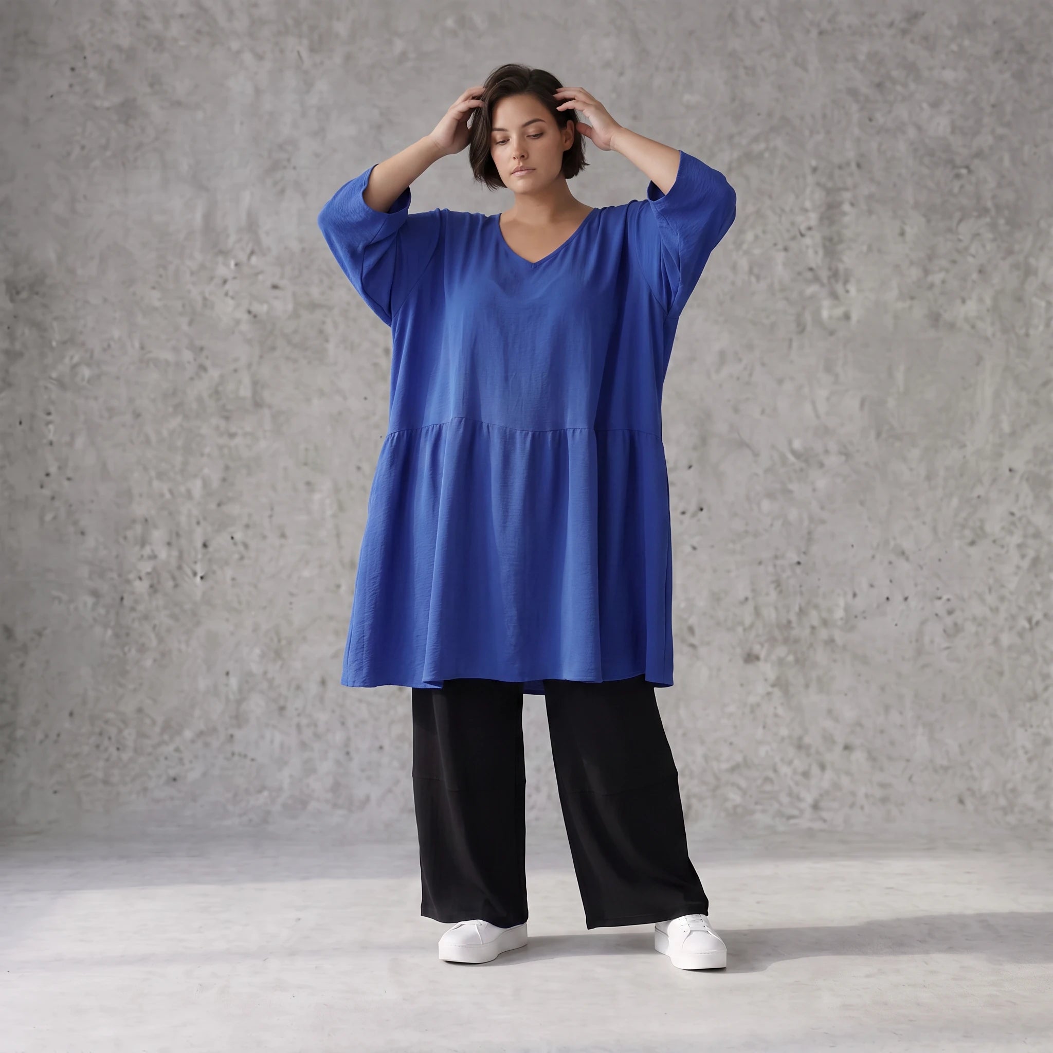 Royalblau Leinenlook Kleid im Lagenlook Oversize leger zeitlos elegant luftig weich weich
