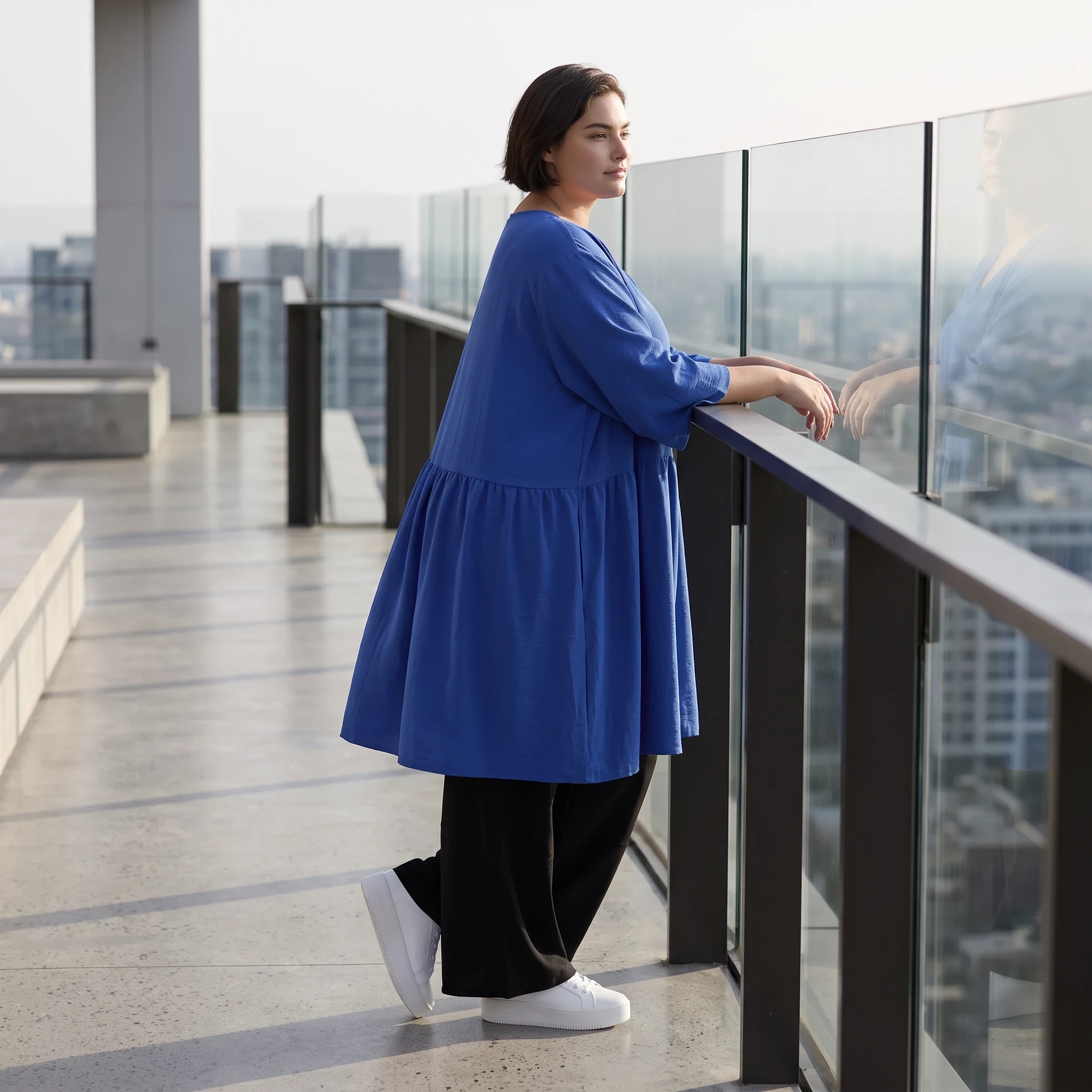 Royalblau Leinenlook Kleid im Lagenlook Oversize leger zeitlos elegant luftig weich weich