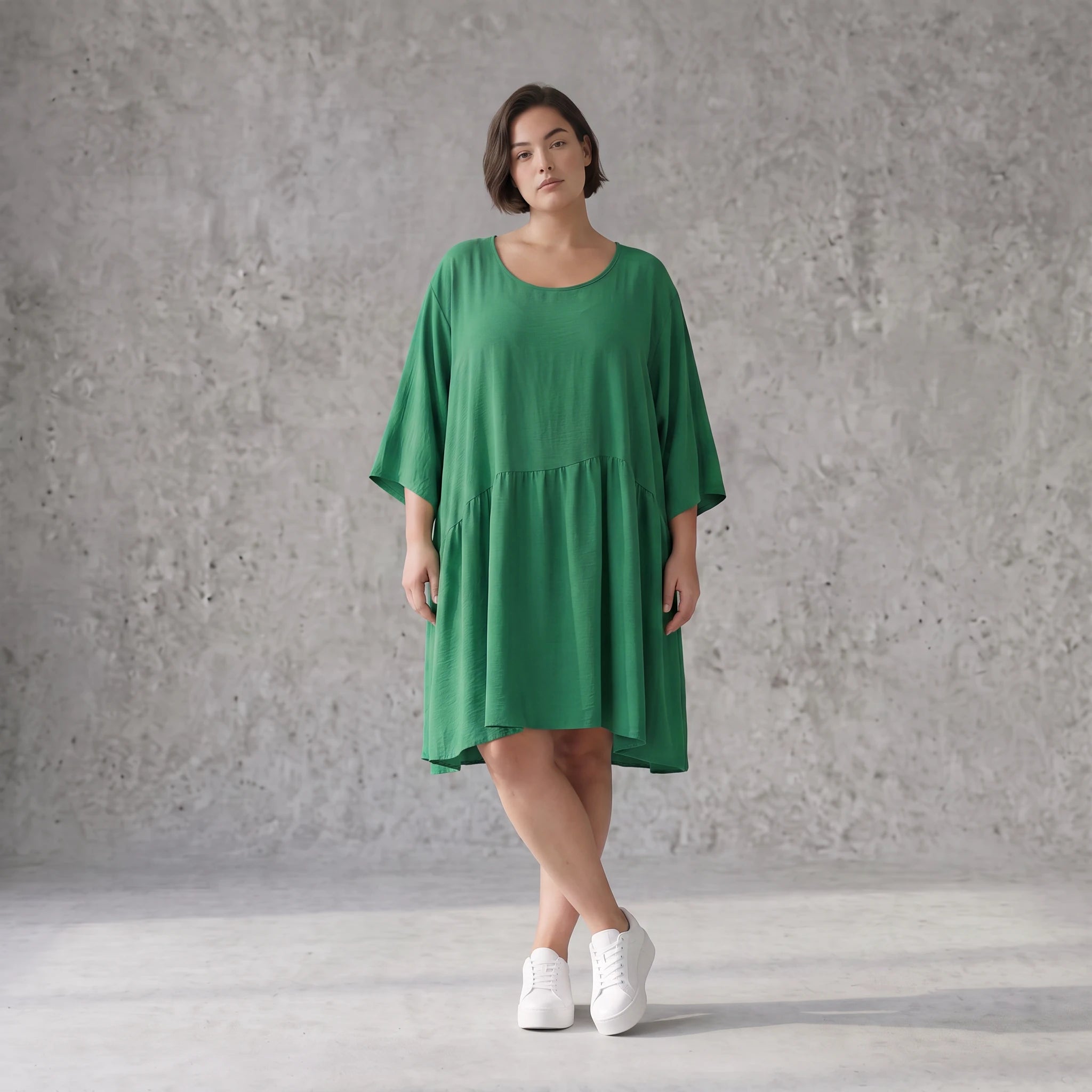 Zeitloses Oversize Lagenlook Kleid in Smaragdgrün mit Leinenoptik leger sehr ausgefallen