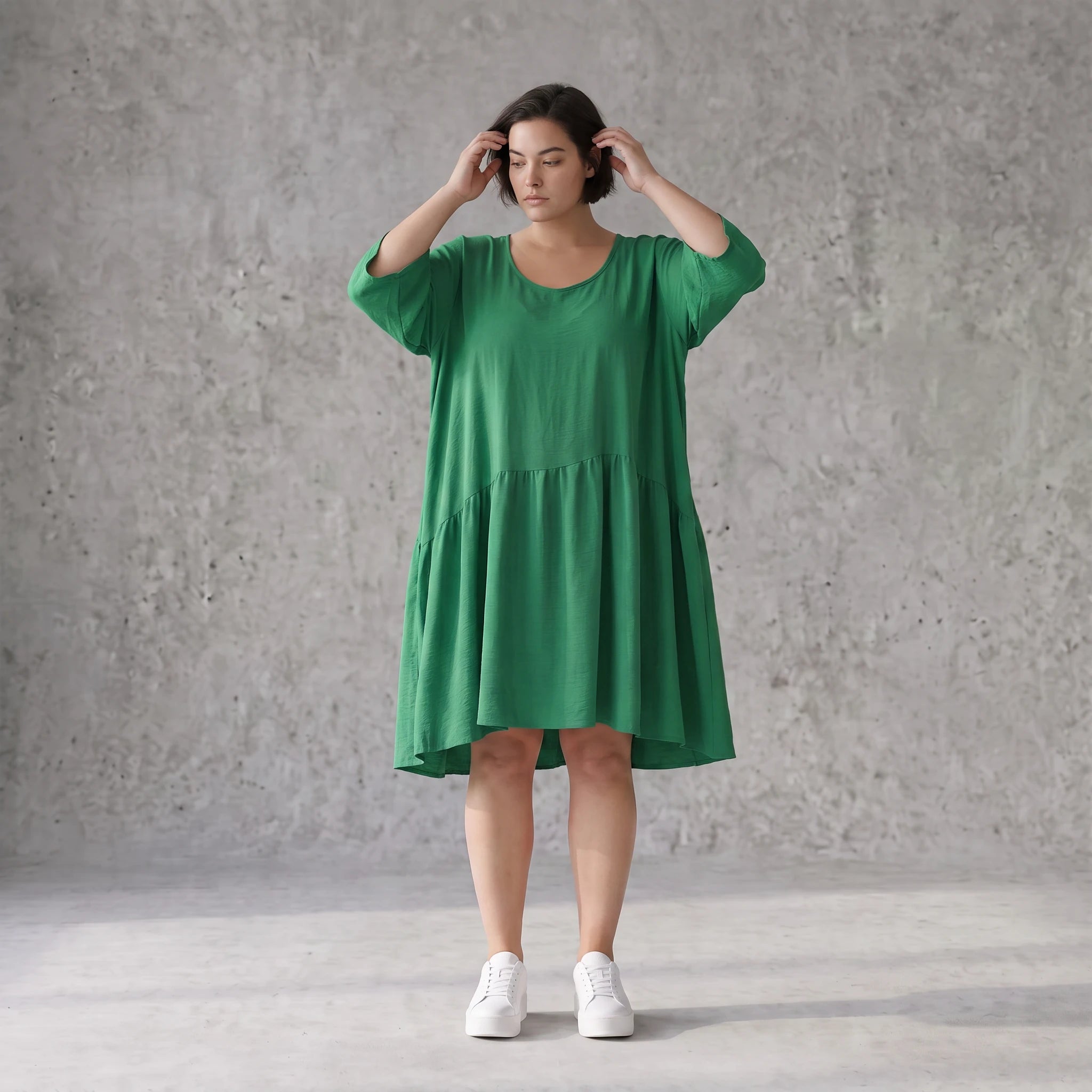 Zeitloses Oversize Lagenlook Kleid in Smaragdgrün mit Leinenoptik leger sehr ausgefallen
