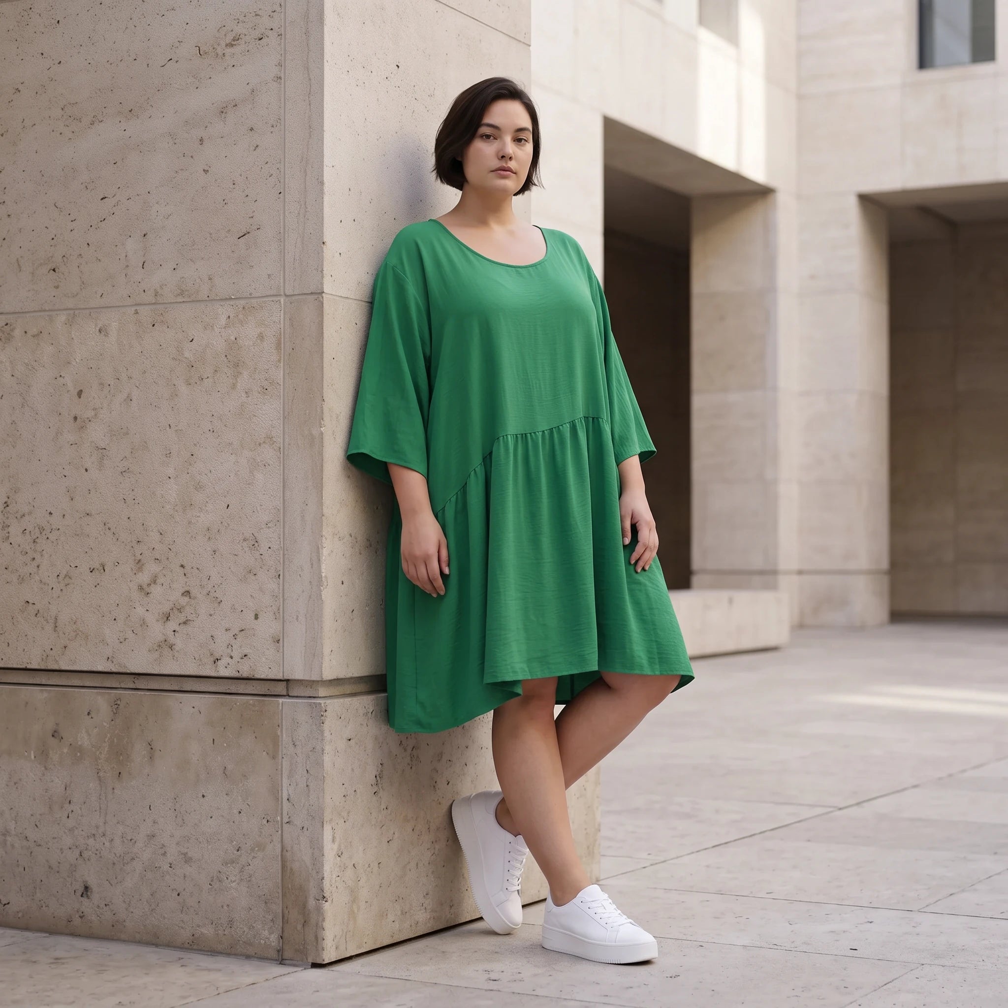 Zeitloses Oversize Lagenlook Kleid in Smaragdgrün mit Leinenoptik leger sehr ausgefallen