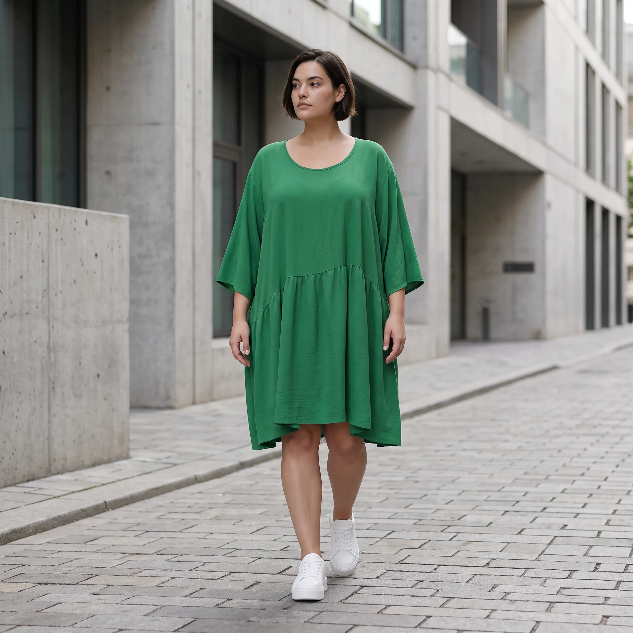 Zeitloses Oversize Lagenlook Kleid in Smaragdgrün mit Leinenoptik leger sehr ausgefallen