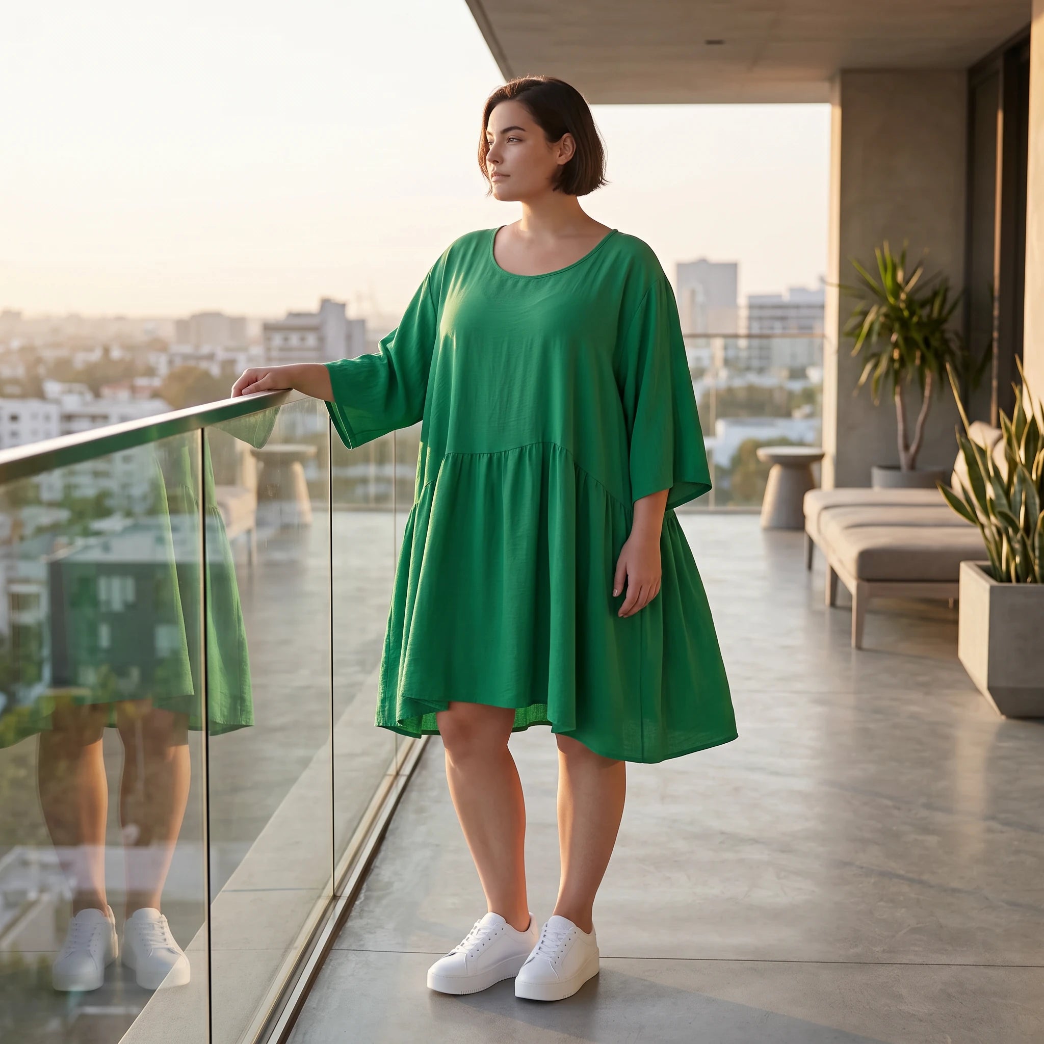 Zeitloses Oversize Lagenlook Kleid in Smaragdgrün mit Leinenoptik leger sehr ausgefallen