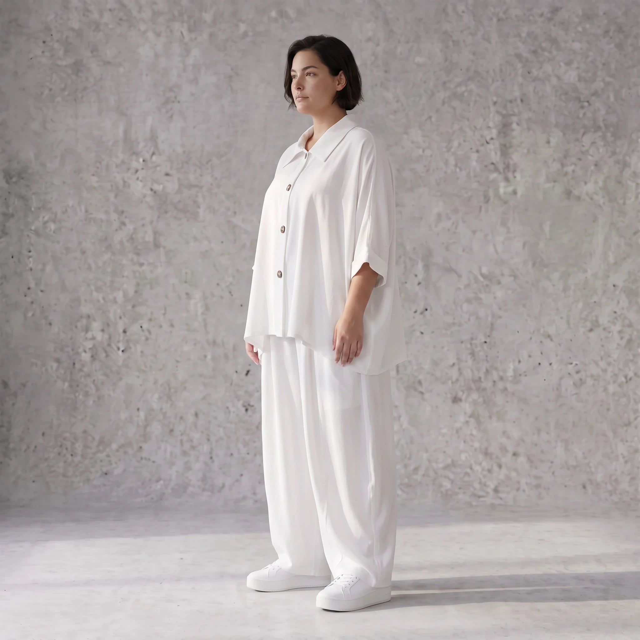 Zeitlose Weiß Leinenoptik Bluse im Oversize Lagenlook leger luftig weich modern stilvoll