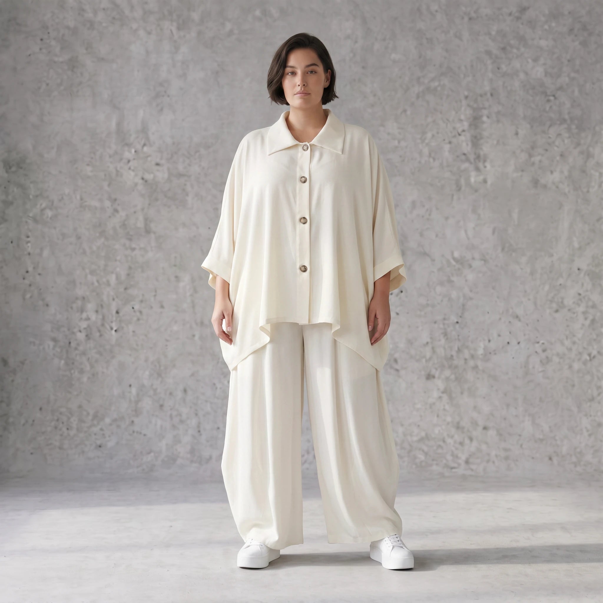 Creme fliessend Leinenoptik Bluse im Lagenlook leger Oversize zeitlos Crasheffekt weich