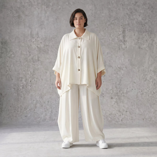 Creme fliessend Leinenoptik Bluse im Lagenlook leger Oversize zeitlos Crasheffekt weich