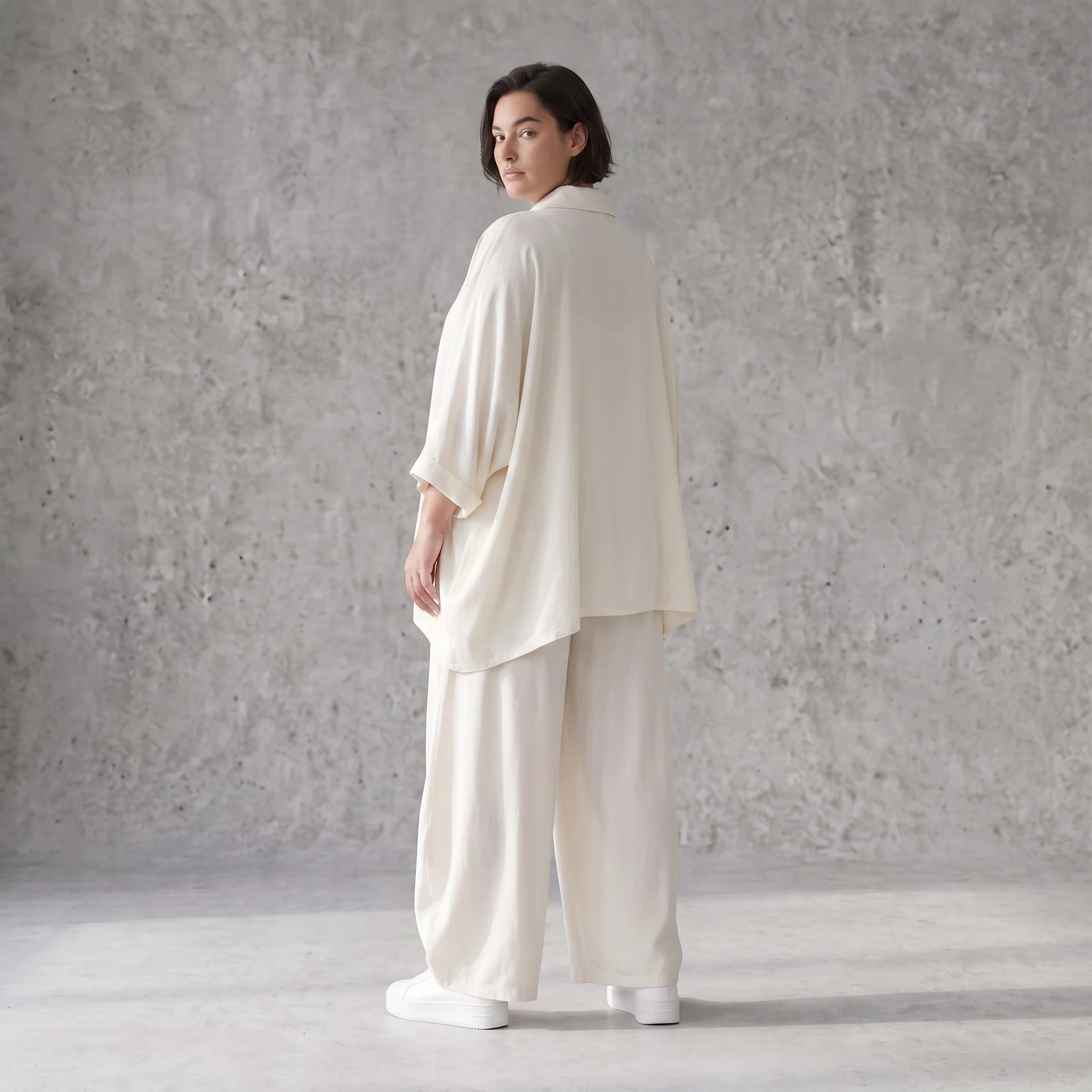 Creme fliessend Leinenoptik Bluse im Lagenlook leger Oversize zeitlos Crasheffekt weich