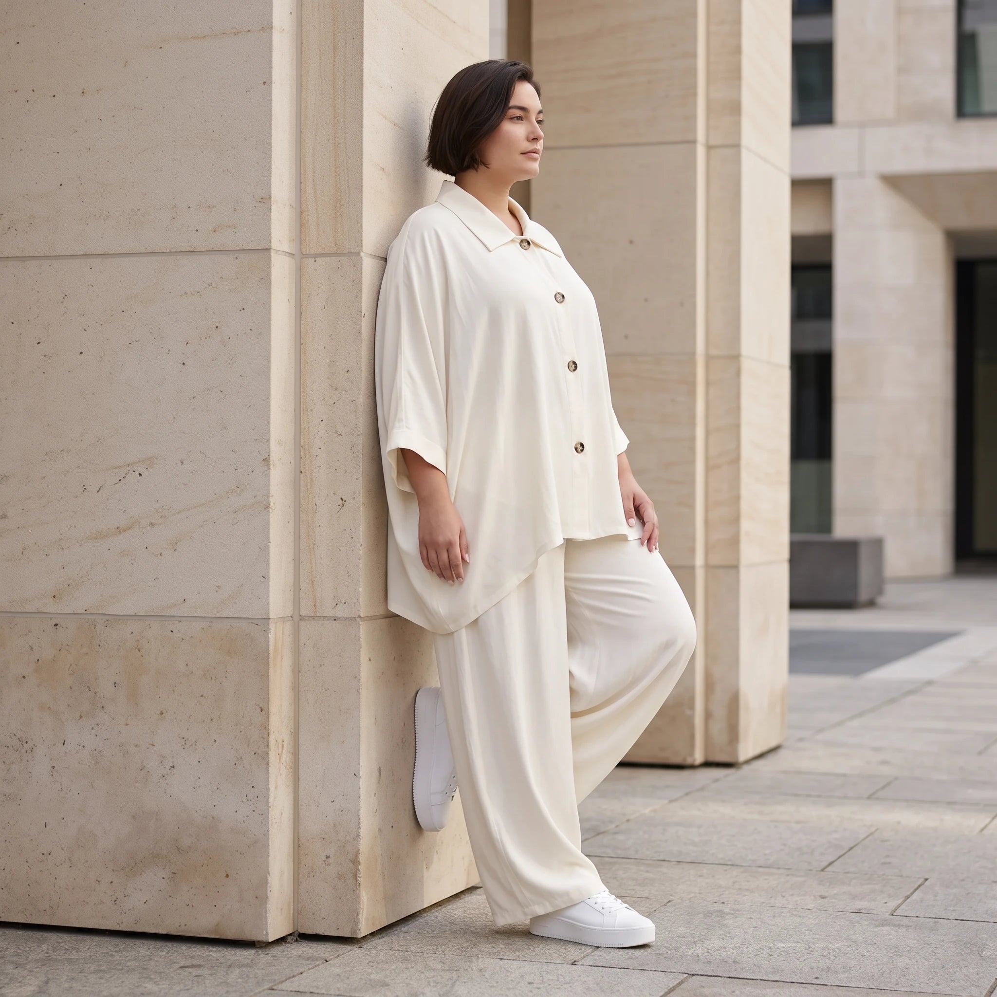 Creme fliessend Leinenoptik Bluse im Lagenlook leger Oversize zeitlos Crasheffekt weich