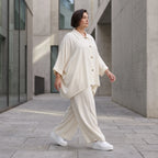 Creme fliessend Leinenoptik Bluse im Lagenlook leger Oversize zeitlos Crasheffekt weich