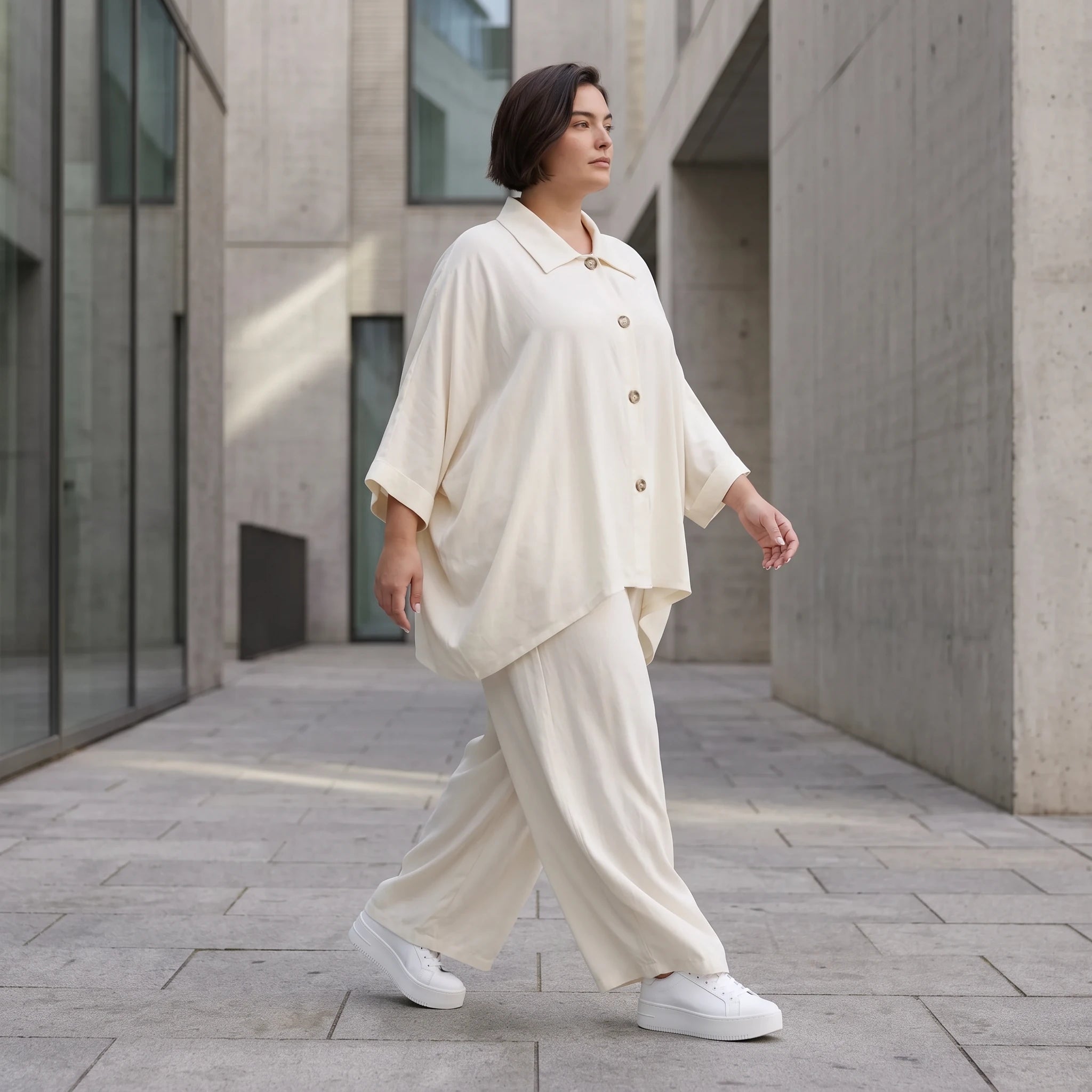 Creme fliessend Leinenoptik Bluse im Lagenlook leger Oversize zeitlos Crasheffekt weich