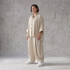 Legere Beige Bluse in Leinenoptik mit Crashlook Oversize Lagenlook zeitlos modern luftig