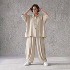 Legere Beige Bluse in Leinenoptik mit Crashlook Oversize Lagenlook zeitlos modern luftig