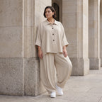 Legere Beige Bluse in Leinenoptik mit Crashlook Oversize Lagenlook zeitlos modern luftig