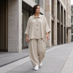 Legere Beige Bluse in Leinenoptik mit Crashlook Oversize Lagenlook zeitlos modern luftig
