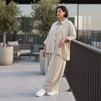 Legere Beige Bluse in Leinenoptik mit Crashlook Oversize Lagenlook zeitlos modern luftig
