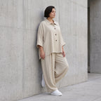 Legere Beige Bluse in Leinenoptik mit Crashlook Oversize Lagenlook zeitlos modern luftig