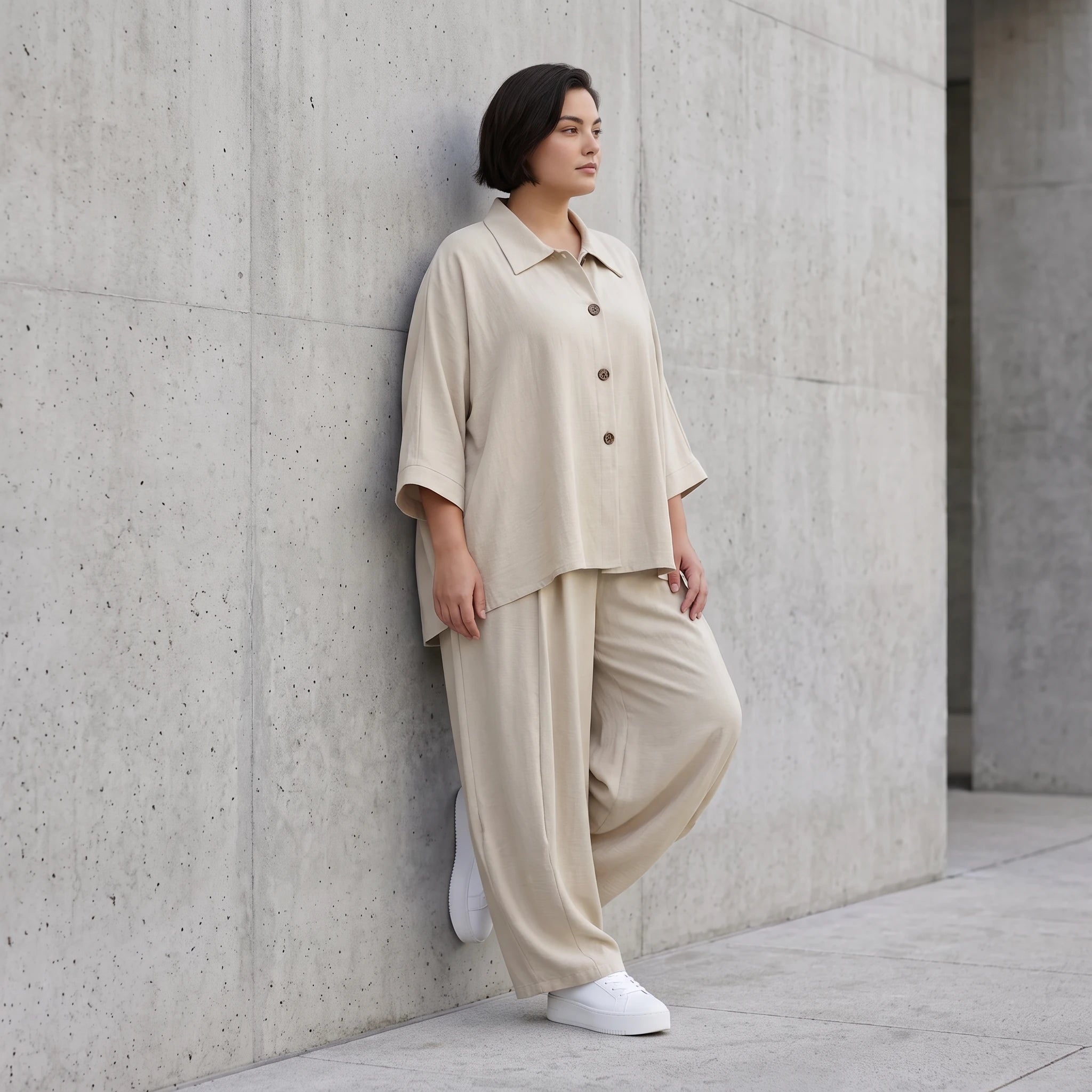Legere Beige Bluse in Leinenoptik mit Crashlook Oversize Lagenlook zeitlos modern luftig